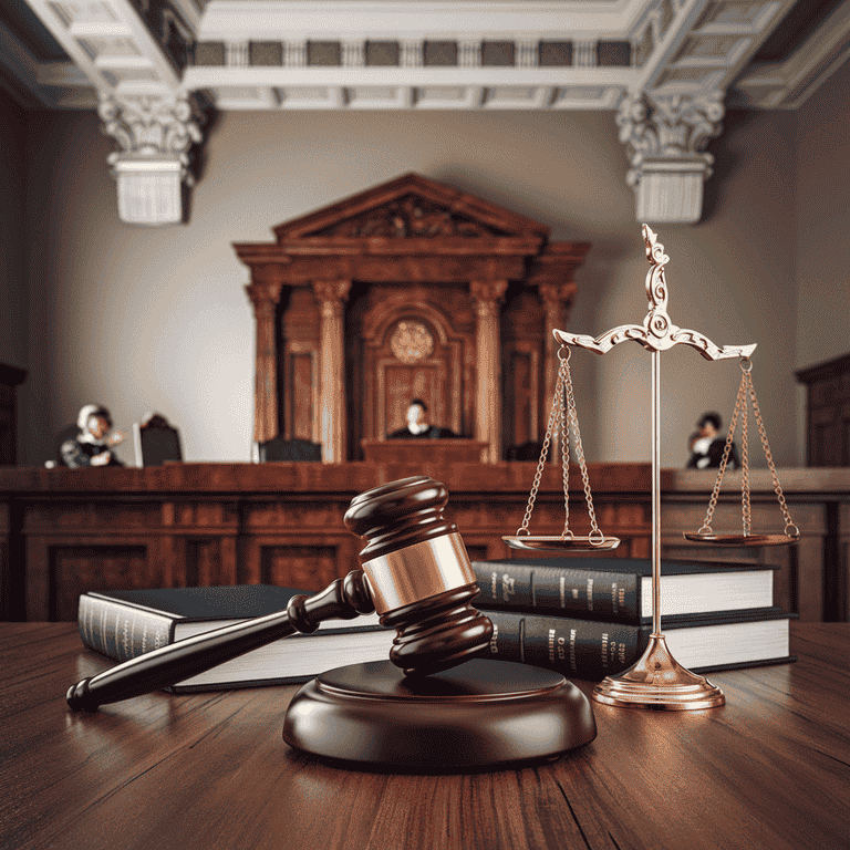 A courtroom scene featuring a gavel, legal books, and a scale of justice, representing legal defenses and recourse.