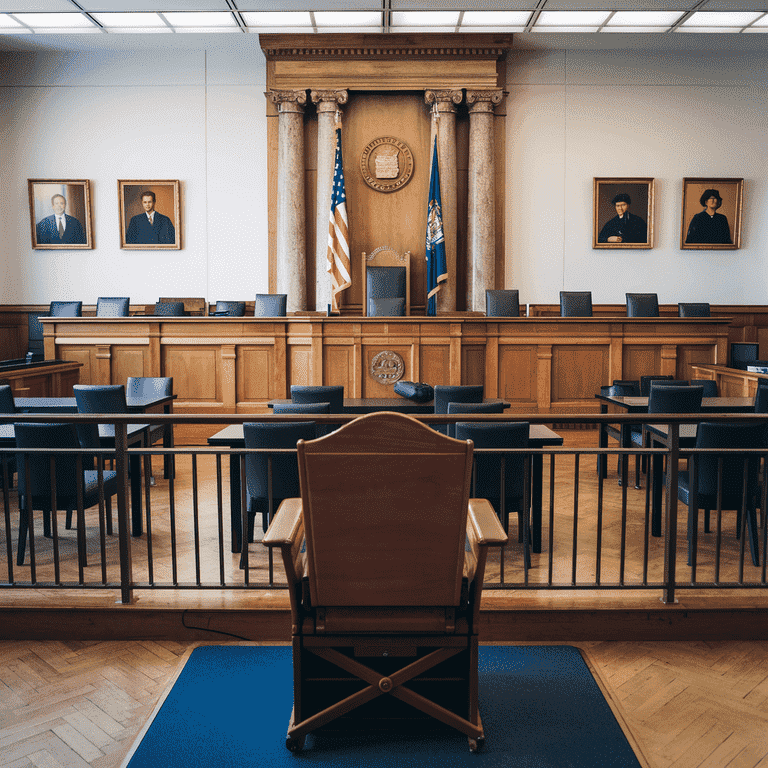 A courtroom interior with a defendant's chair and judge’s bench, representing the legal proceedings after being charged with past posting.