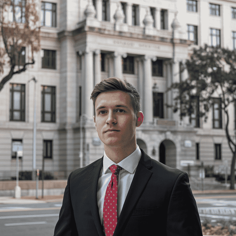 Criminal defense attorney standing outside a courthouse, ready to represent a client in an armed robbery case.