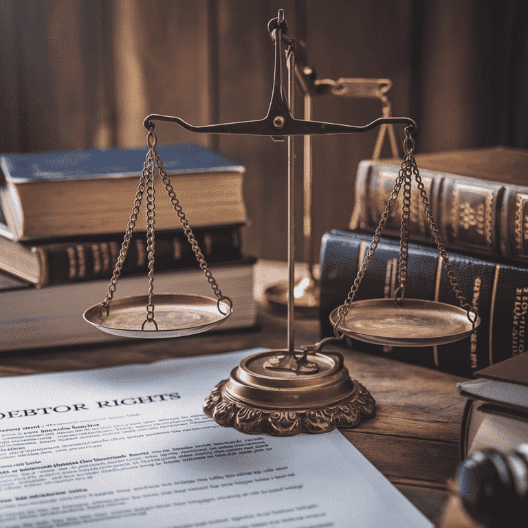 Scales of justice with legal books and a document titled 'Debtor Rights,' representing protections for debtors.