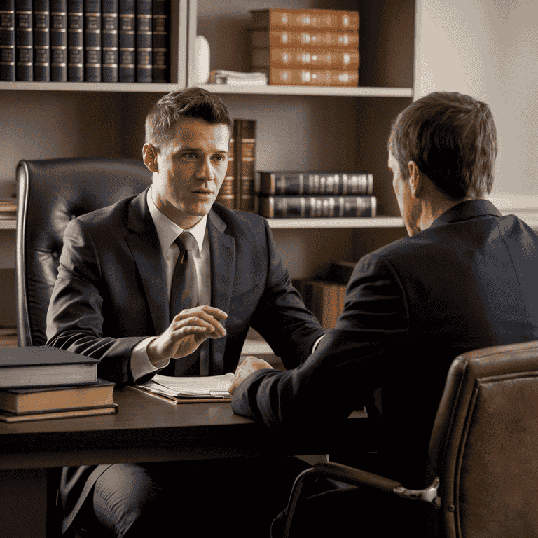 A lawyer discussing defense strategies with a client in a law office setting.