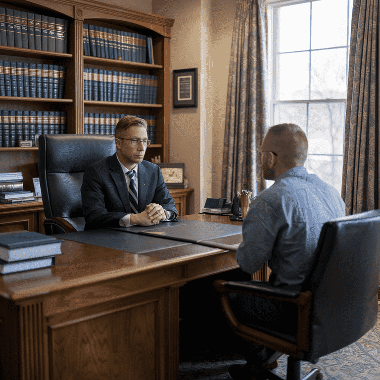 Defense attorney discussing legal defense strategies for armed robbery charges with a client in a private office.