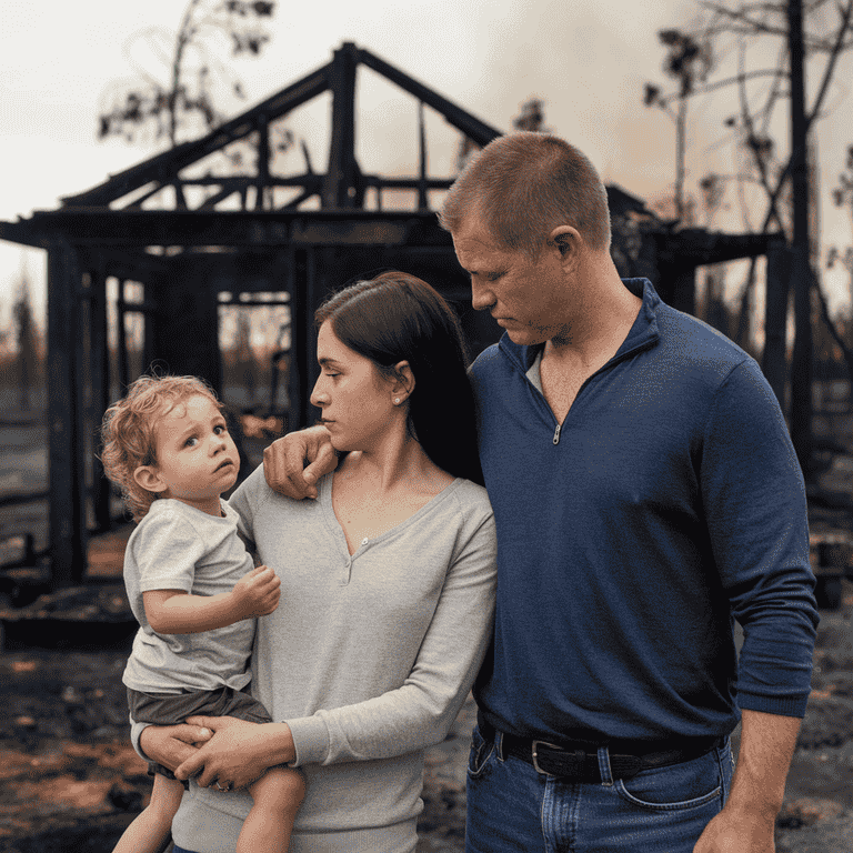 Family members standing in front of their charred home after an arson incident.