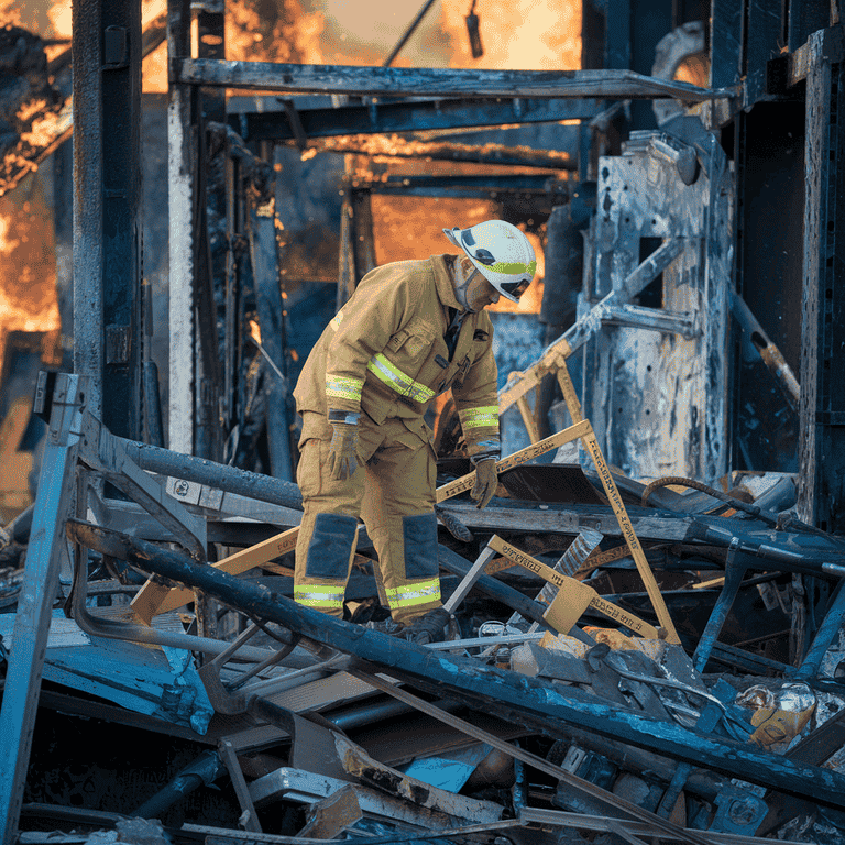 Fire investigator assessing a burned structure for evidence of arson.