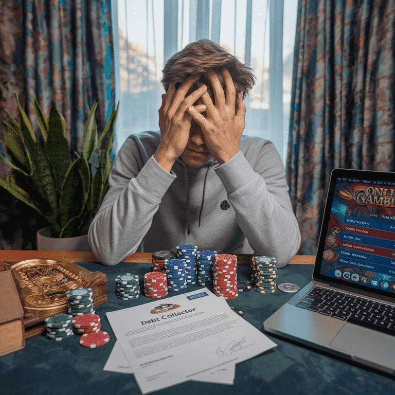 Person reviewing gambling debt with casino chips, debt collector letter, and bills on a desk.