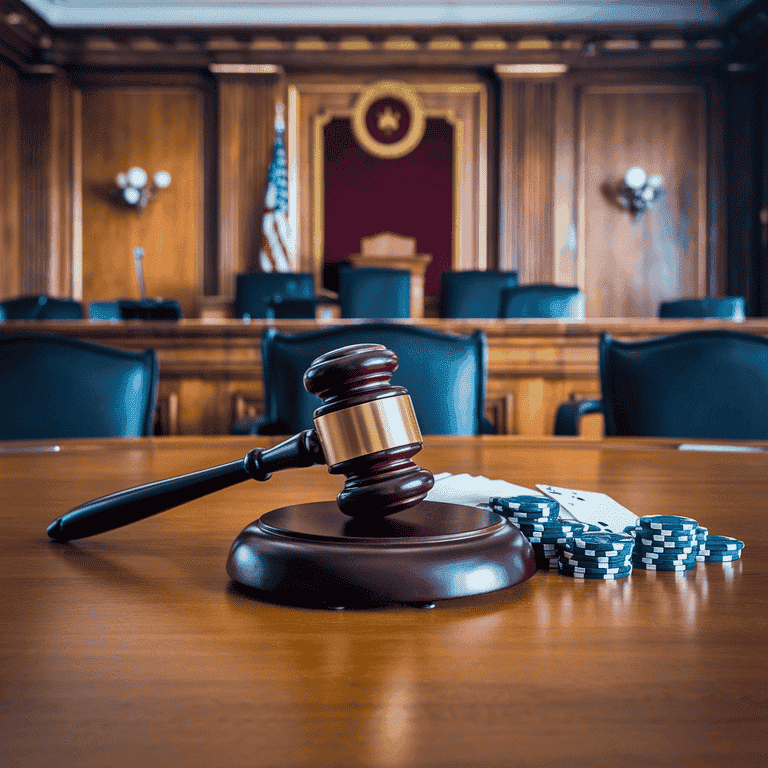 A courtroom with a gavel and gambling items symbolizing the legal consequences of gambling violations.