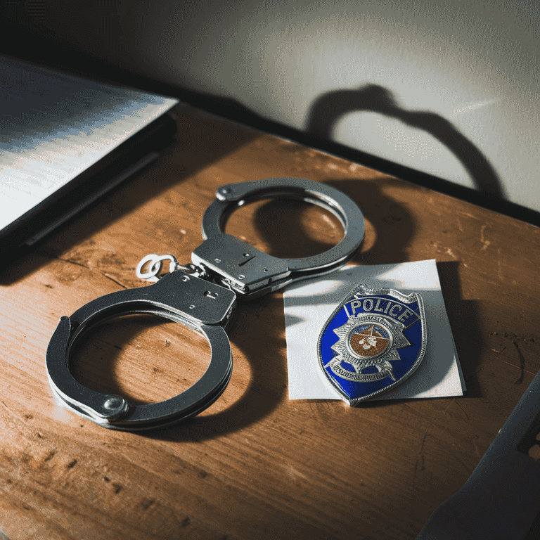 Handcuffs and police badge symbolizing criminal charges and penalties.