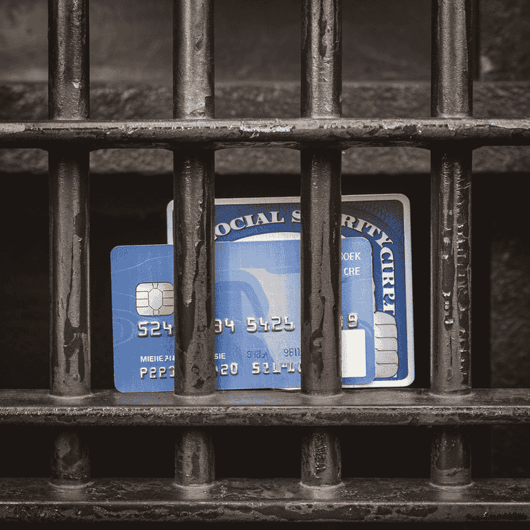 Credit card and Social Security card behind prison bars