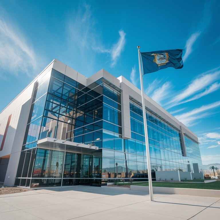 The exterior of a courthouse in Las Vegas with the Nevada state flag visible and a bright blue sky.