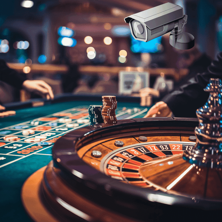 Casino floor with a roulette table and a visible security camera in the background, symbolizing the penalties for cheating.