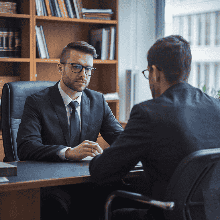 A lawyer discussing legal strategies with a client in a professional office environment, highlighting the support available for credit card fraud cases.