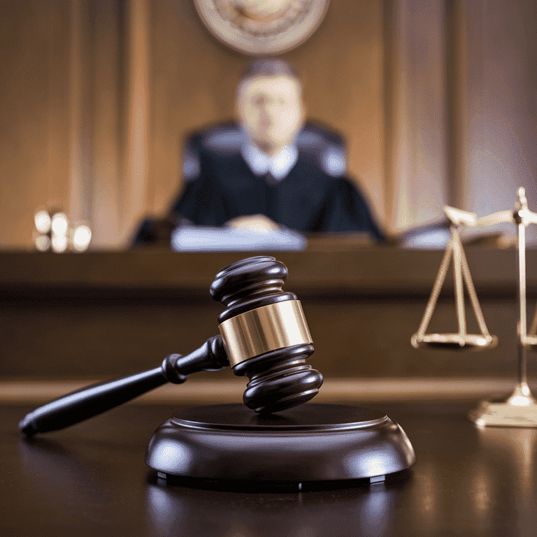 Judge’s gavel in a courtroom representing legal consequences for unpaid gambling debt.