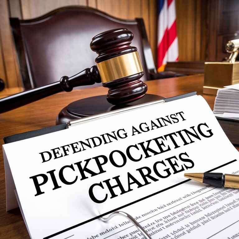 Close-up of legal documents and a gavel, representing the defense preparation against pickpocketing charges.