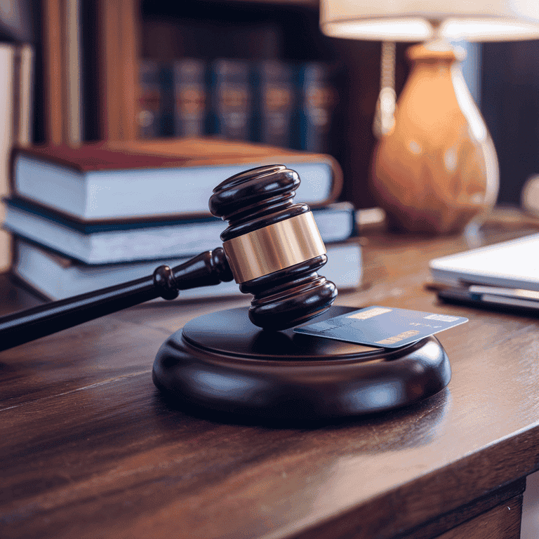 A gavel resting beside a credit card on a wooden table, symbolizing the legal aspects of credit card fraud.