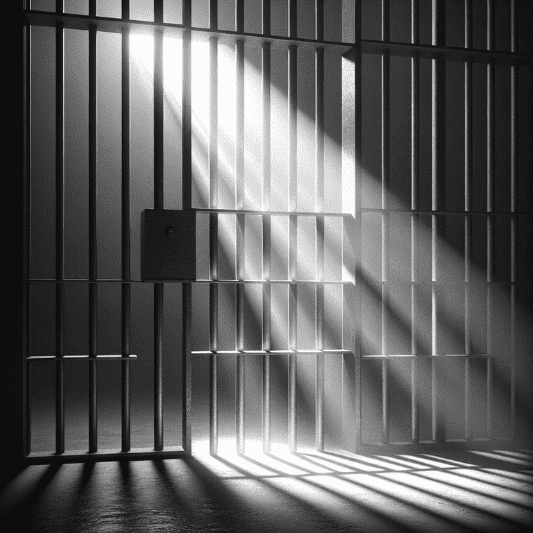 Sunlight filters through the metal bars of a prison cell, casting dramatic shadows on the floor in a black and white photograph.