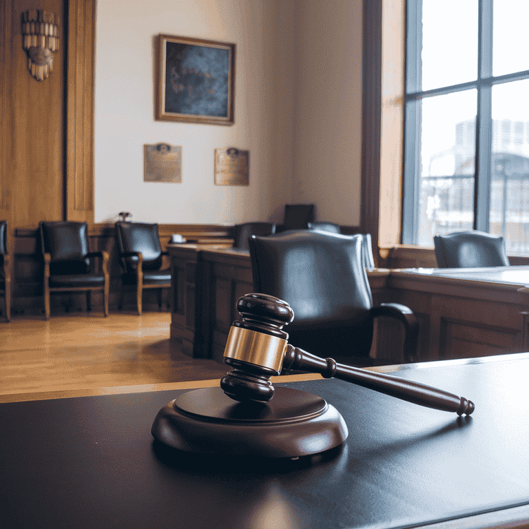 A judge’s gavel on a wooden desk in a courtroom, representing legal consequences.