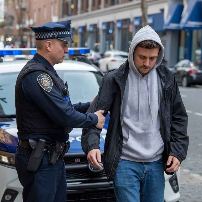 A police officer with a patrol car on a city street, illustrating the arrest process for pickpocketing.