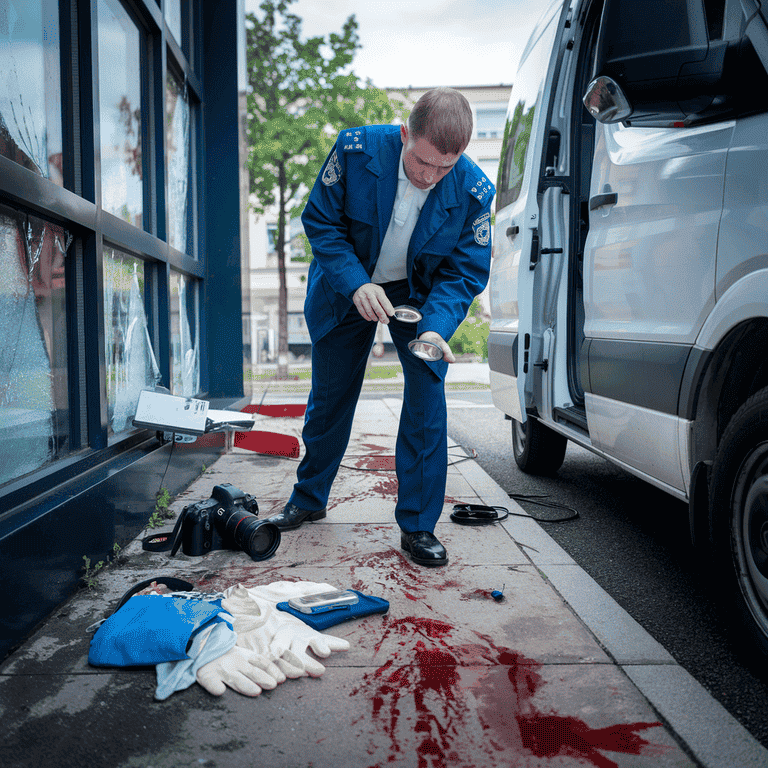 A police investigator examining evidence at a crime scene, including forensic tools.