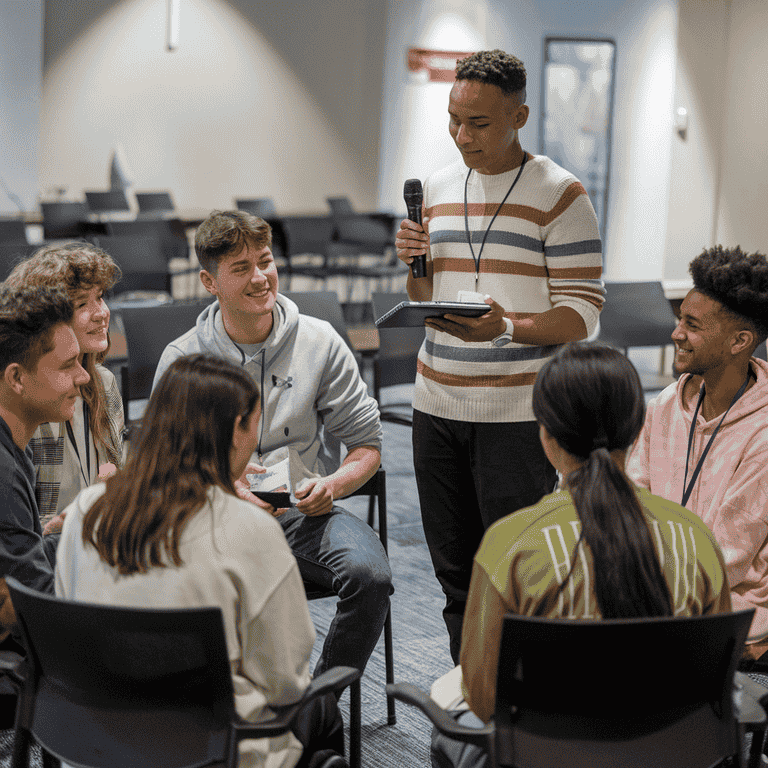 A diverse group of teenagers engages in a workshop focused on responsible gambling and prevention of underage gambling strategies.