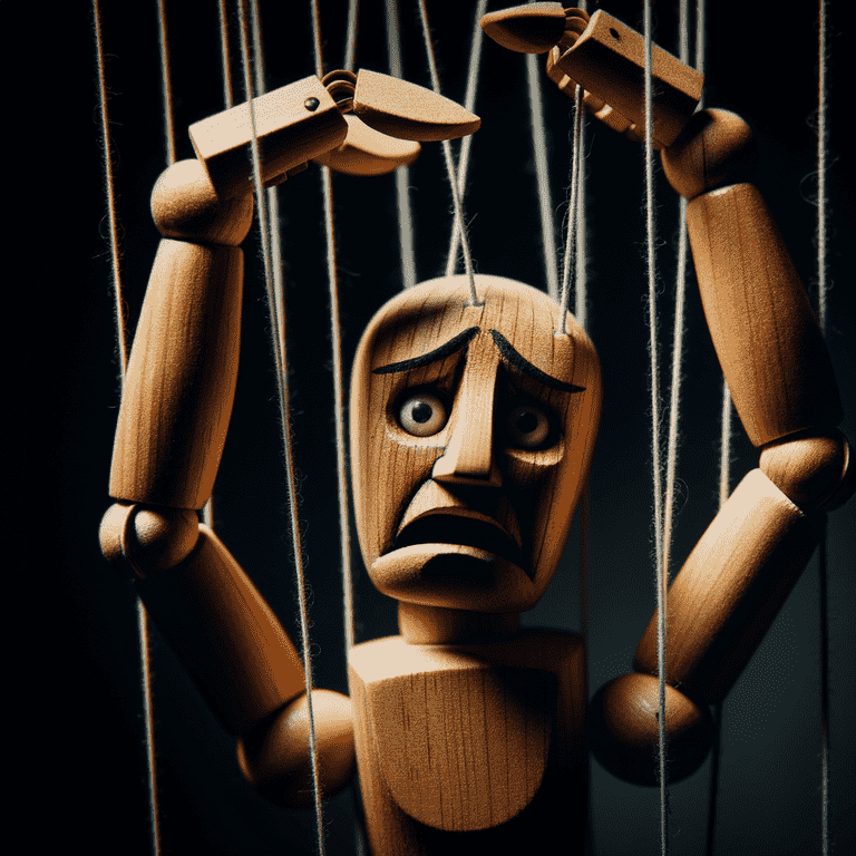 Puppet on strings, symbolizing the feeling of being manipulated, relevant to the coercion defense