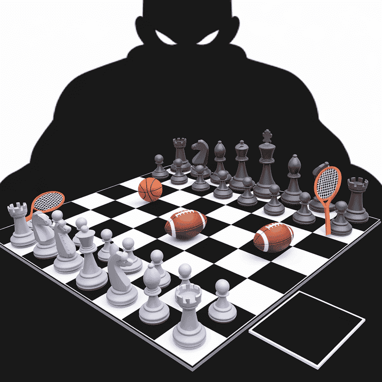 Chessboard with sports equipment representing fraud strategies in sports betting