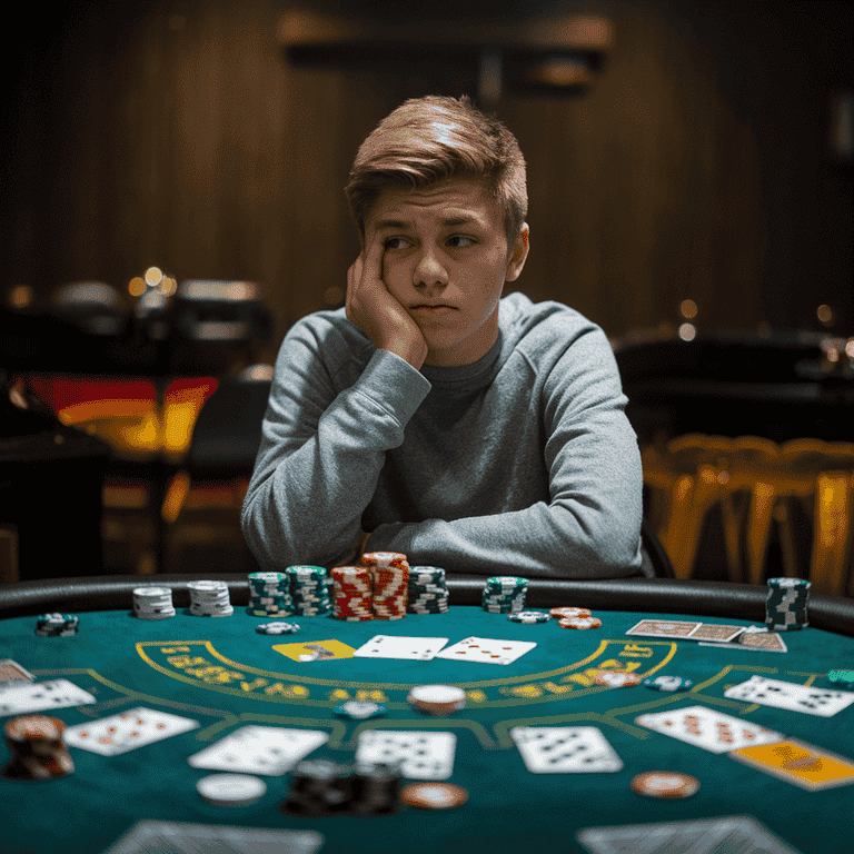 A worried teenager sits at a table with playing cards and chips, illustrating the dangers of underage gambling.