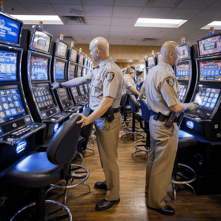 Law enforcement officials inspecting suspicious gaming equipment during an investigation.