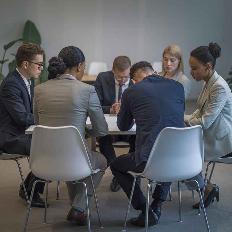 A group of professionals providing support to a trafficking victim in a safe environment.