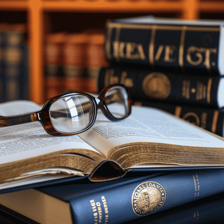 Open law books with reading glasses and the Nevada state seal, symbolizing a defendant's rights in Las Vegas.