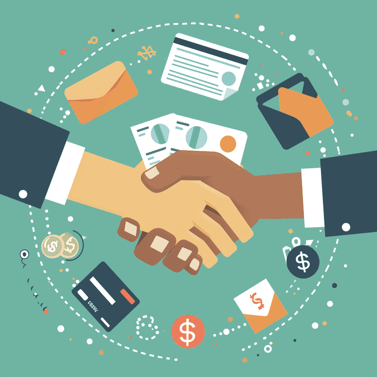 Exchange of financial assistance brochure with diverse payment option icons, underscored by a handshake symbolizing trust and support.