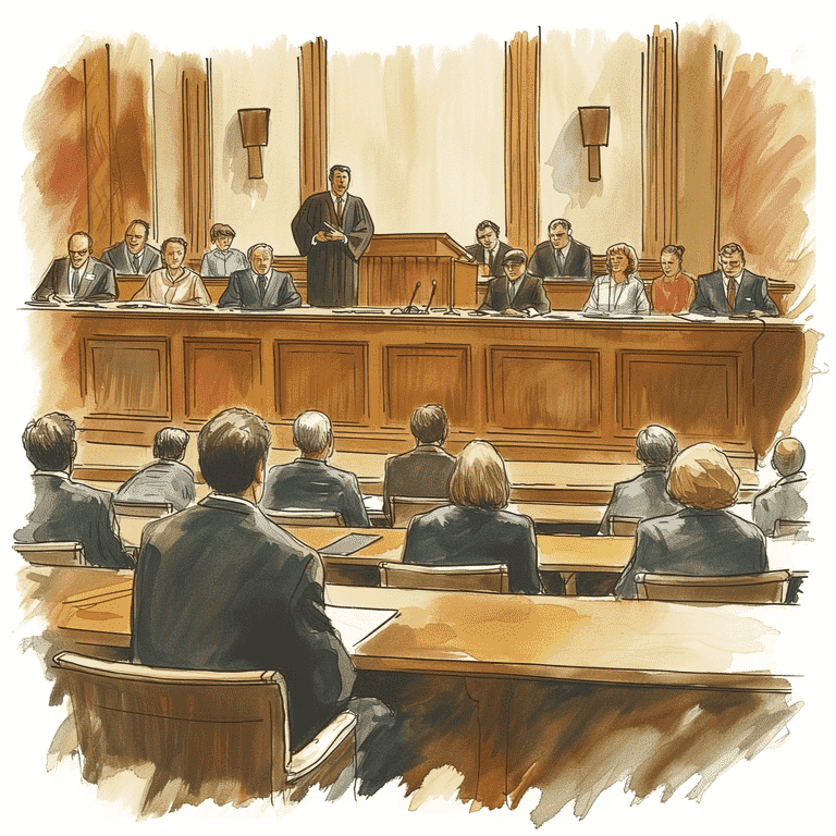 Lawyer making a persuasive closing argument in a courtroom, captivating the jury and judge.