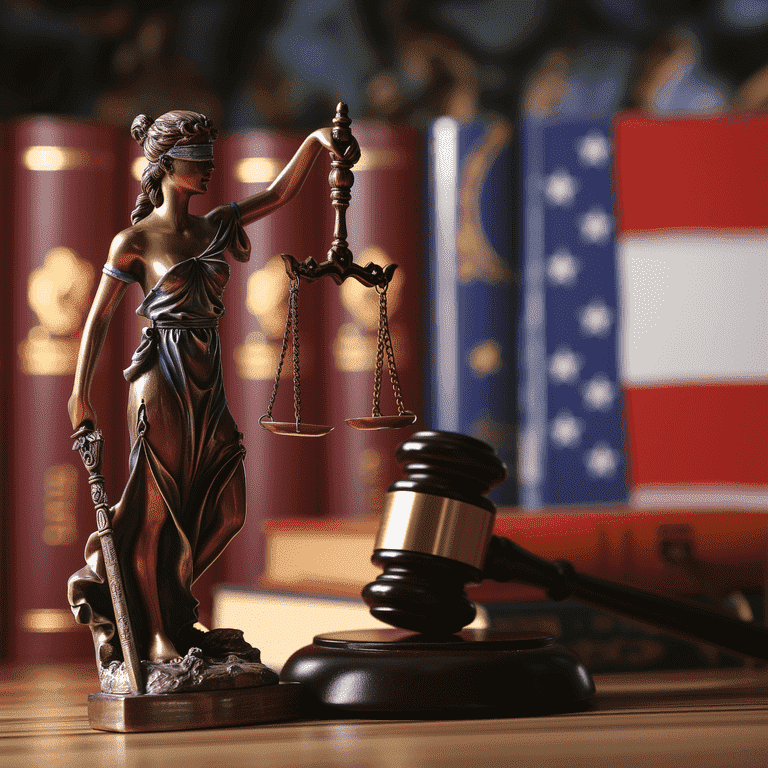 The bronze statue of Lady Justice, blindfolded and holding scales and a sword, stands in front of law books and an American flag