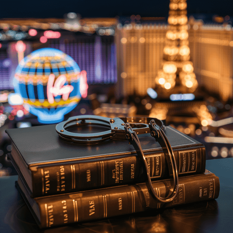 Handcuffs on law books with scales of justice and blurred Las Vegas backdrop