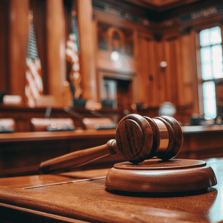 Courtroom Focus: Judge's Gavel and American Flag