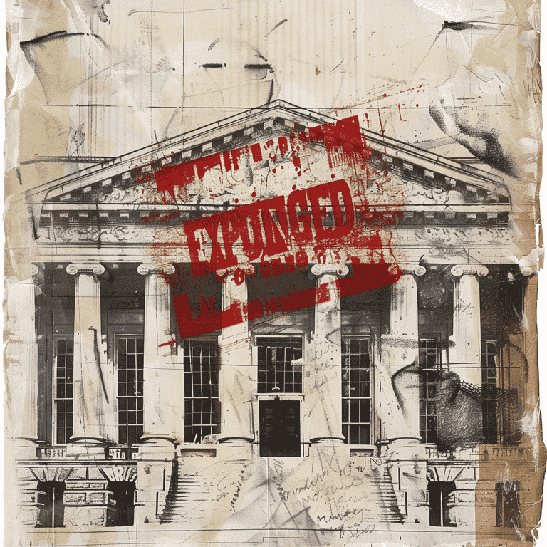 Document with 'EXPUNGED' stamp over courthouse background