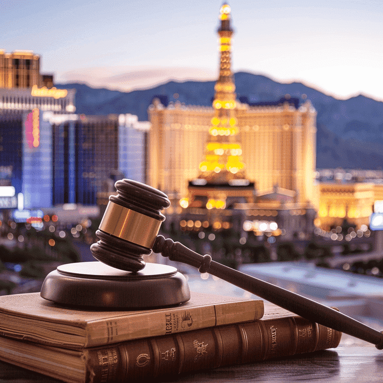 Gavel on legal books with Las Vegas skyline
