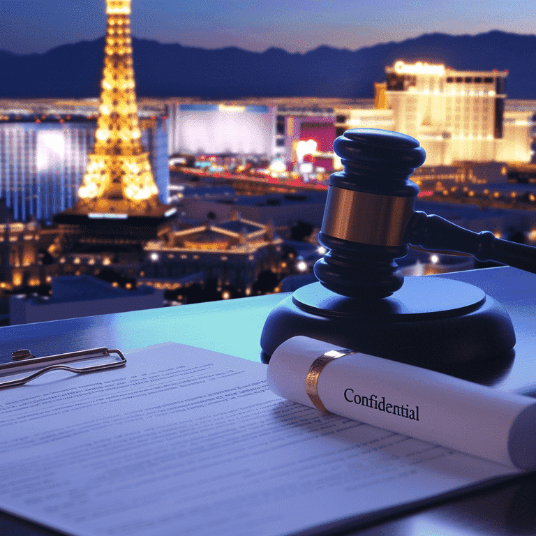 Gavel and legal document with Las Vegas skyline