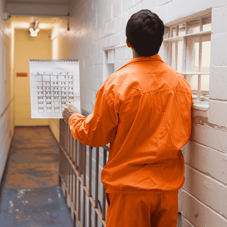 Prison inmate looking at calendar on wall
