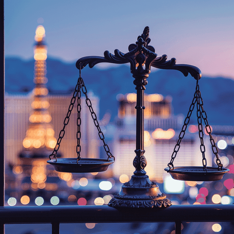 Scales of Justice Overlooking Las Vegas Skyline