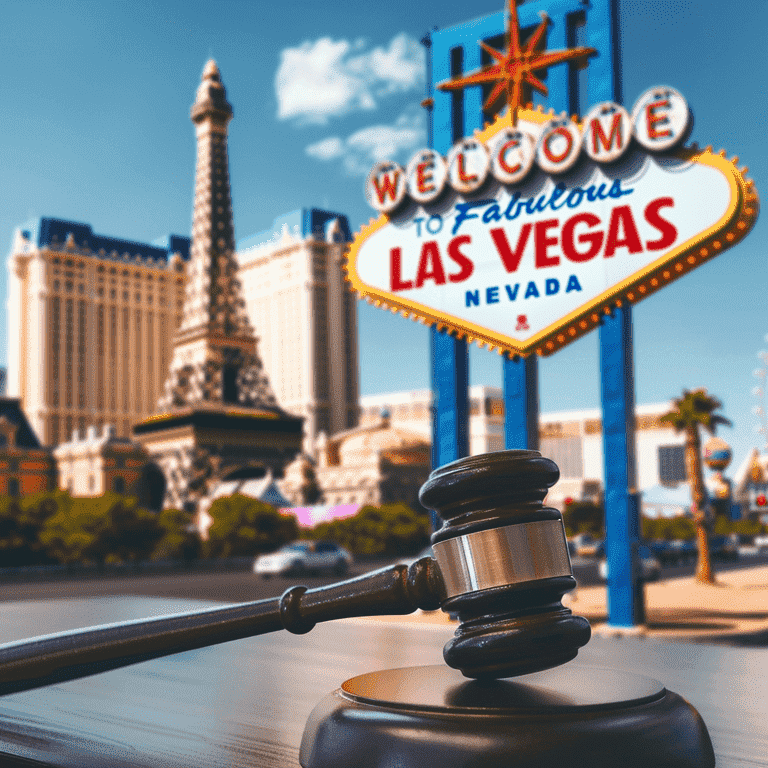 Las Vegas Welcome Sign and Gavel Symbolizing Law