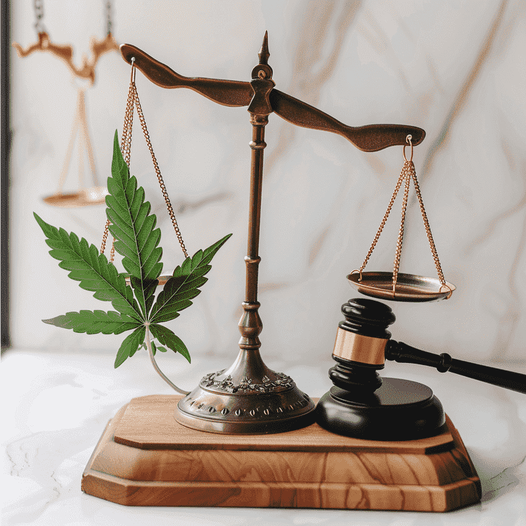 Scale balancing cannabis leaf and gavel representing law