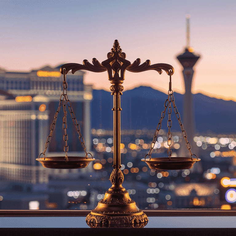 Scales of Justice with Las Vegas Skyline in the Background