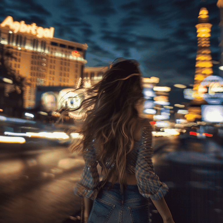 Woman walking away from Las Vegas hotels