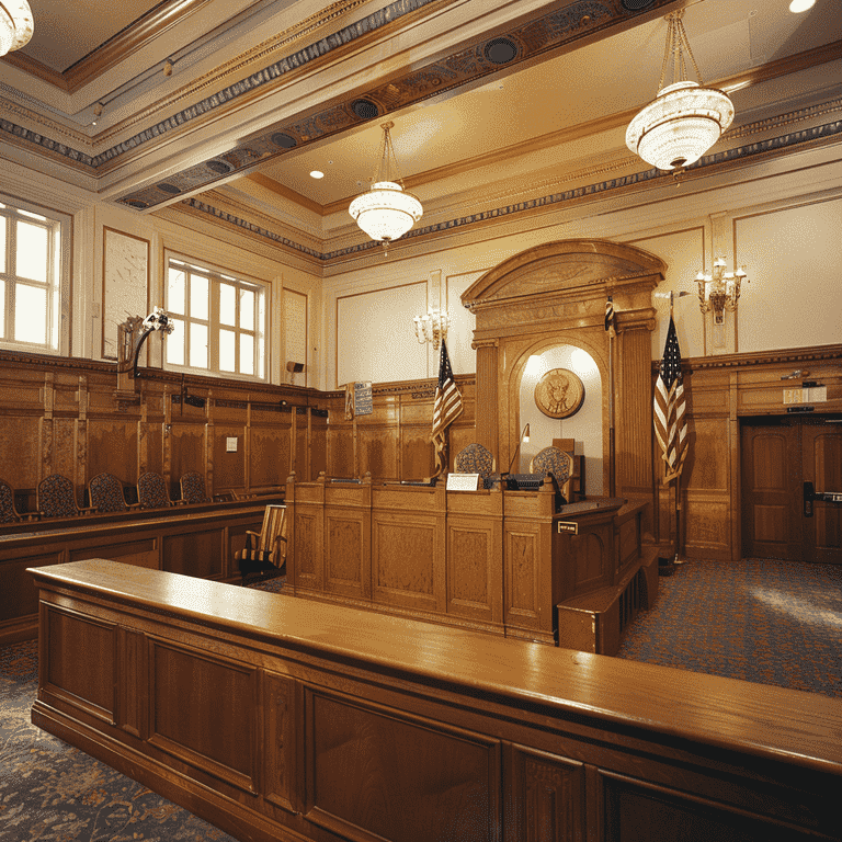 Interior view of a courtroom in Nevada, highlighting the judge's bench and legal setting