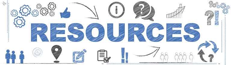 Banner featuring the word 'Resources' in bold blue letters surrounded by various icons, including gears, information symbols, graphs, and checkmarks, representing a collection of helpful materials and tools.