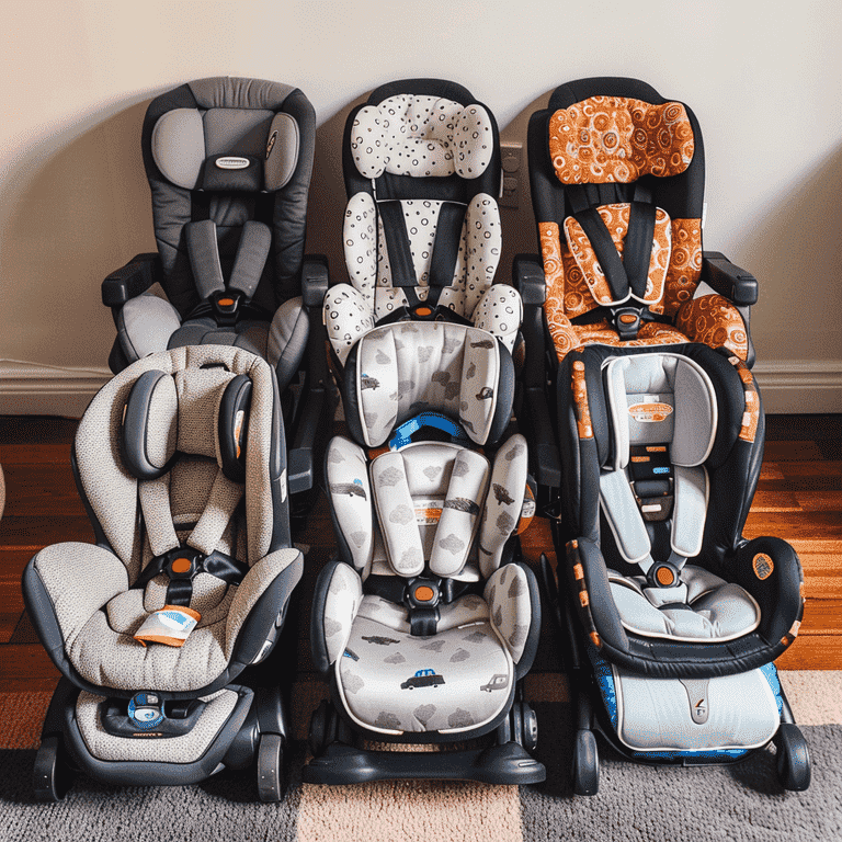 Progression of car seats from rear-facing to booster for growing children.