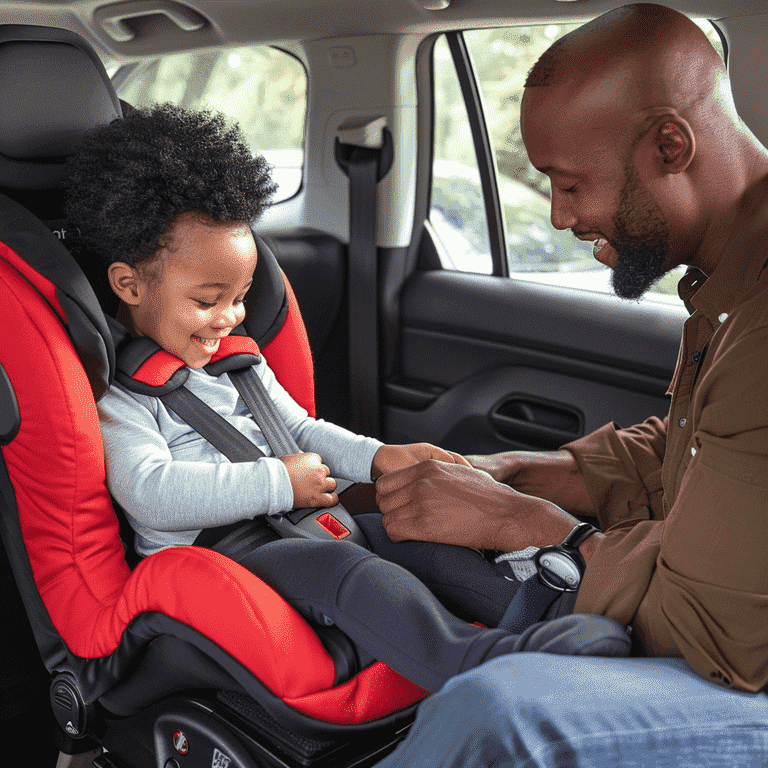 Parent correctly securing a child in a car seat, demonstrating proper harness and chest clip positioning.
