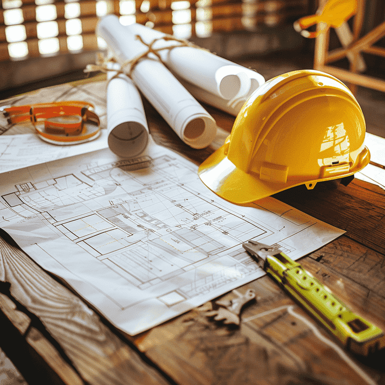 Construction hard hat, safety vest, and blueprints on a table