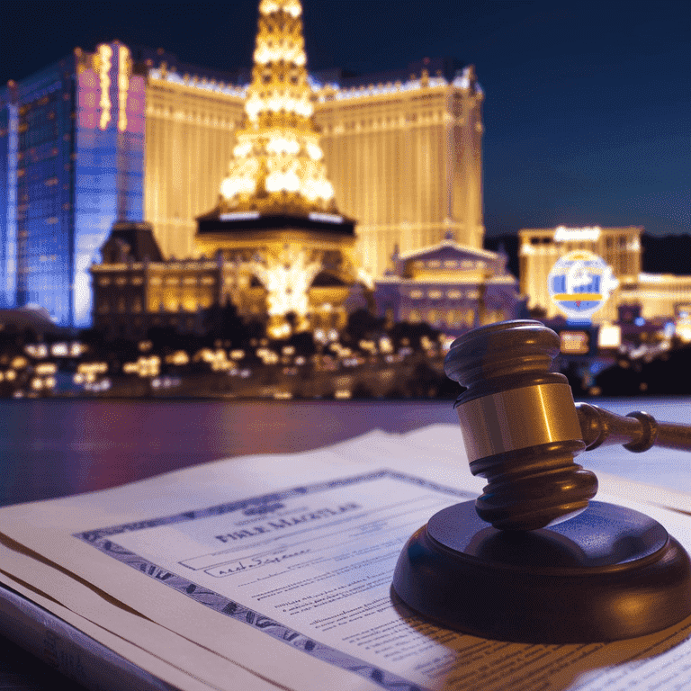 Gavel on legal documents with Las Vegas Strip in the background.