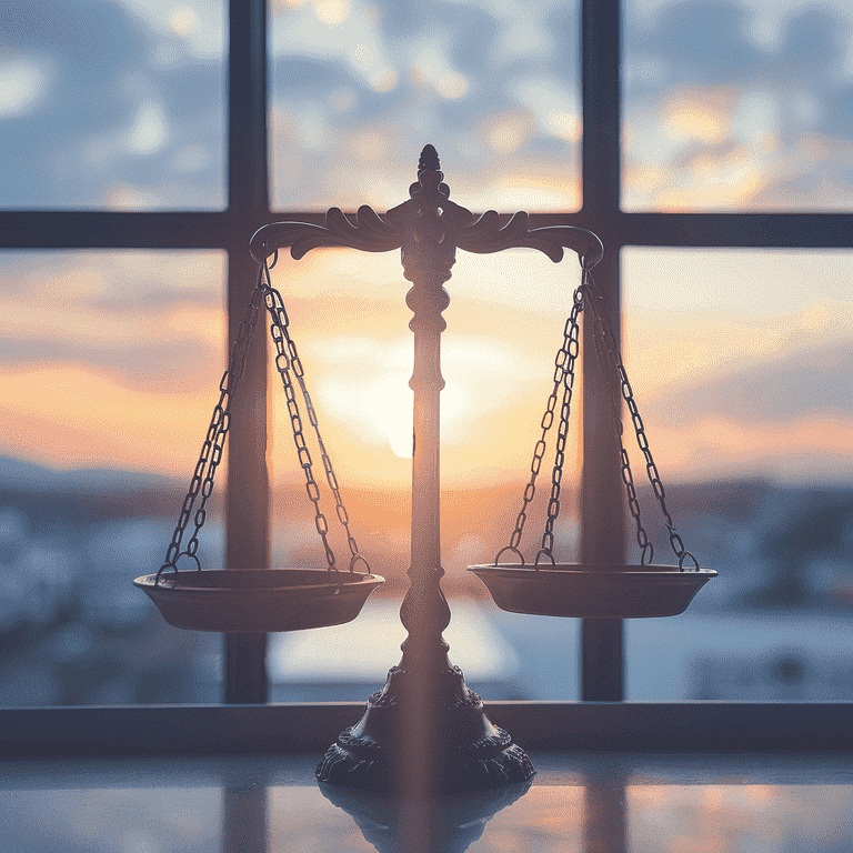 Balance scale in front of a bright window, symbolizing justice.